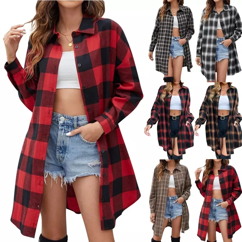 Long Plaid Shirt Women′s Spring Clothes Versatile Blouse