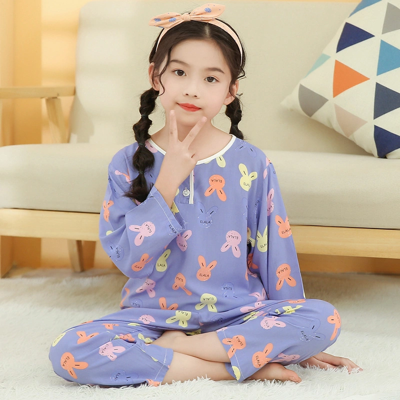 Childrens Cotton Silk Pajamas Summer Home Wear Girls Thin Boys Big Boys Spring and Autumn Long Sleeves Boys Cotton Silk Air Conditioning Pajamas