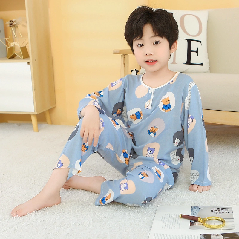 Childrens Cotton Silk Pajamas Summer Home Wear Girls Thin Boys Big Boys Spring and Autumn Long Sleeves Boys Cotton Silk Air Conditioning Pajamas