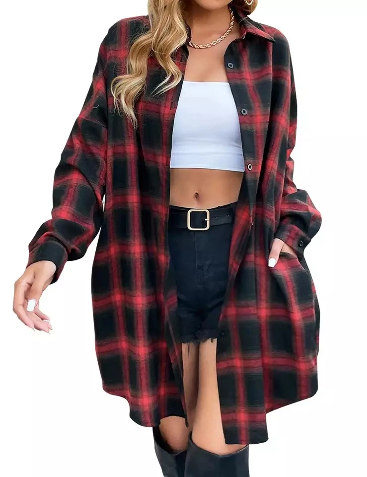 Long Plaid Shirt Women′s Spring Clothes Versatile Blouse