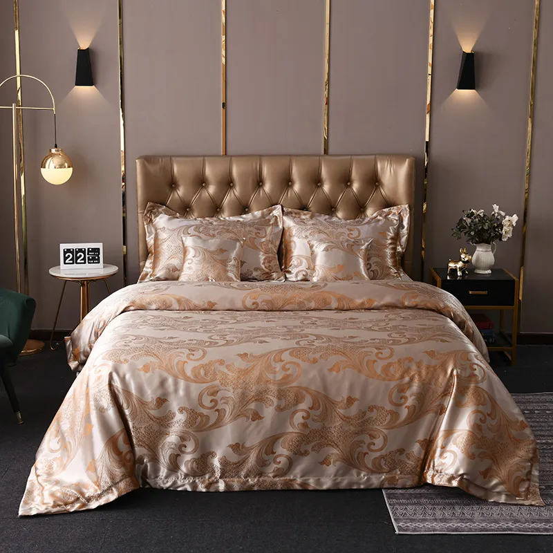Juego de cama de lujo suave de satén de seda jacquard de lujo clásico Juego de cama de funda nórdica 4 6 8 10 PCS Set